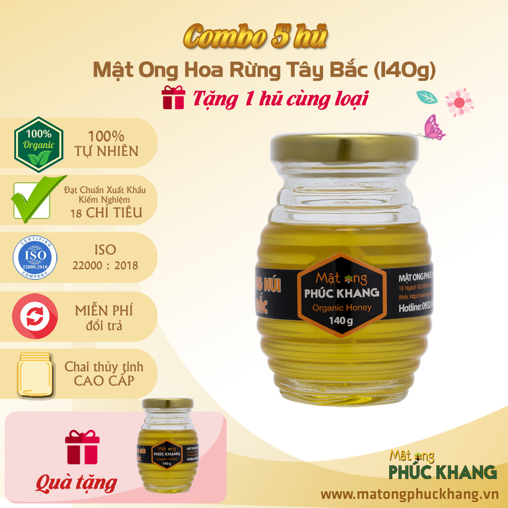 Mật ong rừng tây bắc Phúc Khang 140G - Combo 5 Hũ thủy tinh cao cấp - - ISO 22000  - Không kháng sinh