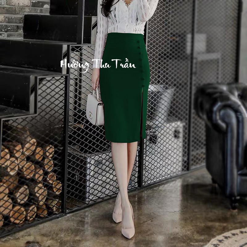 chân váy bút chì xẻ trước phối cúc trẻ trước che gối trẻ trung, thời trang công sở