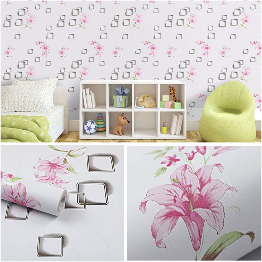 10M Giấy Dán Tường Hoa Ly Đỏ, Khổ Rộng 45cm Có Keo Sẵn