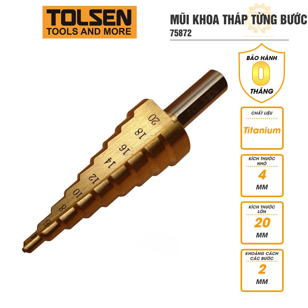 Mũi khoan tháp từng bước 4mm đến 20mm TOLSEN phủ Titan 75872