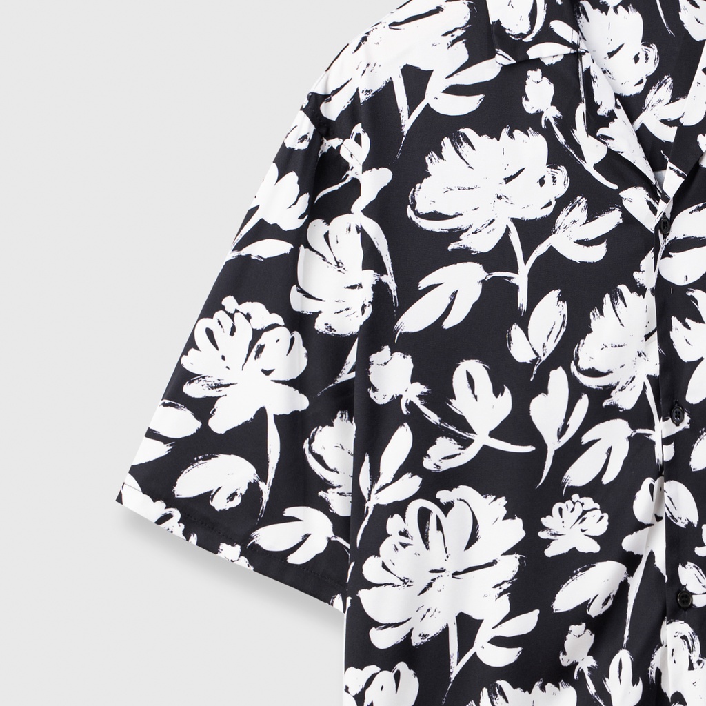 Áo sơ mi nam ngắn tay DEWE, vải lụa nhập khẩu chống nhăn thoáng mát,họa tiết Hoa Trắng - DEWE Cuban Shirt