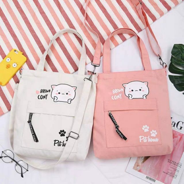 Túi tote,đeo chéo thời trang vải bố dày TT049 hình MÈO CONY (33x38cm)