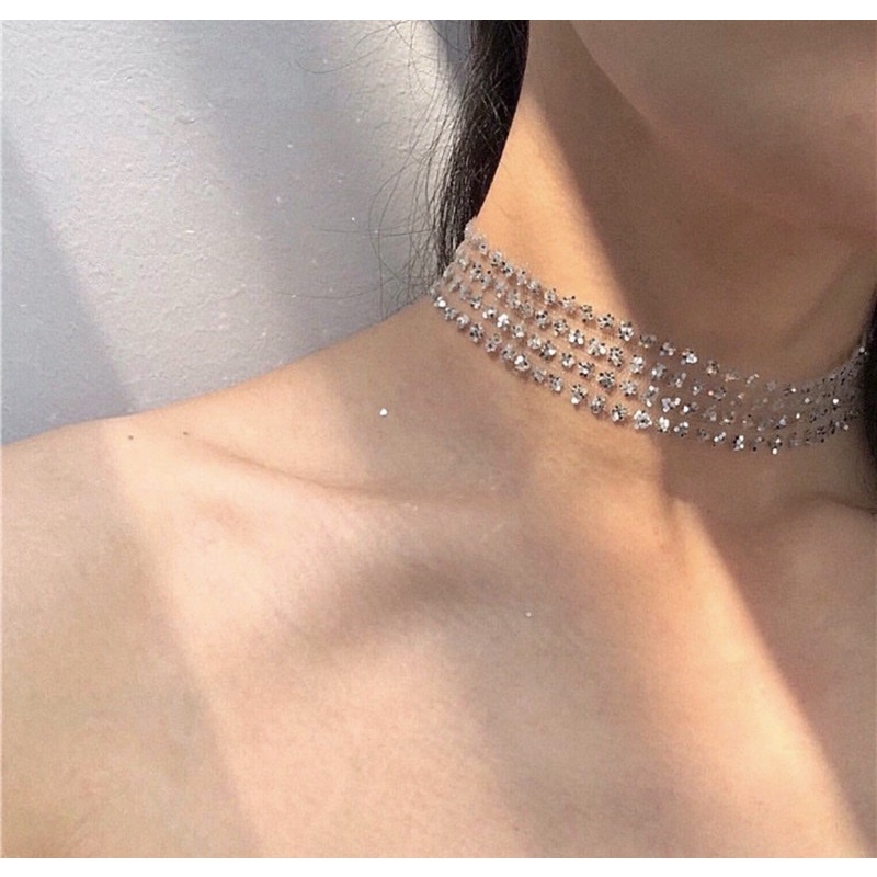 Vòng cổ dây chuyền choker vải lưới ánh bạc lấp lánh cực kì nổi bật hot trend thời trang