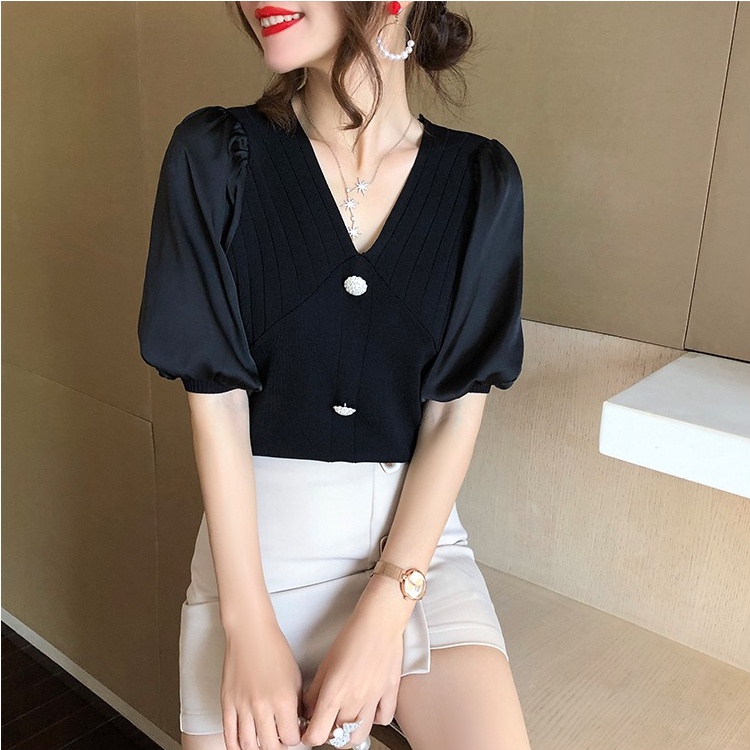 Áo Sơ Mi Dệt Kim Tay Ngắn Cổ Chữ V Thiết Kế Thời Trang Mùa Hè Mới Cho Nữ