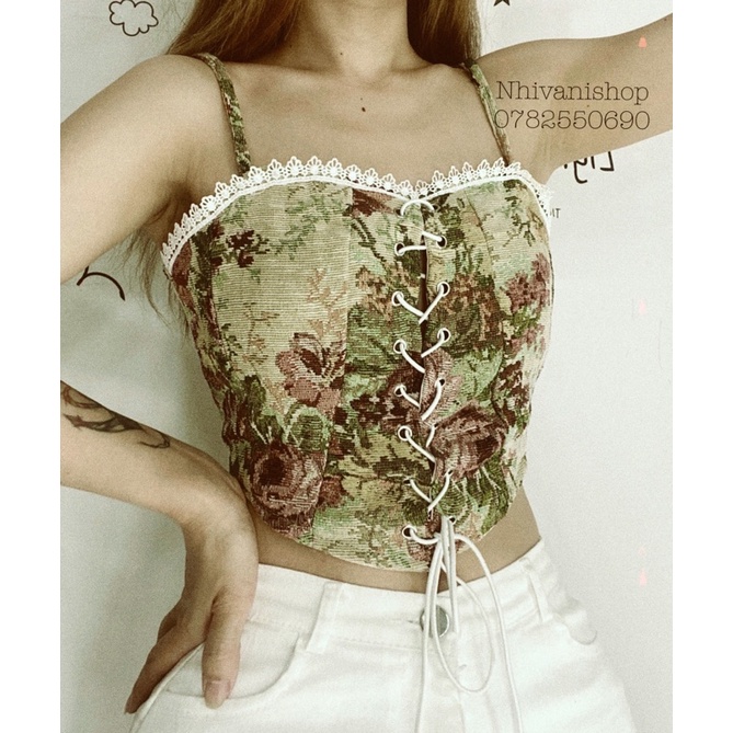 Áo hai dây thổ cẩm viền ren, áo corset hoa pháp