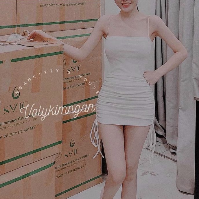 Đầm body  rút dây 2 bên len gân siêu tôn dáng