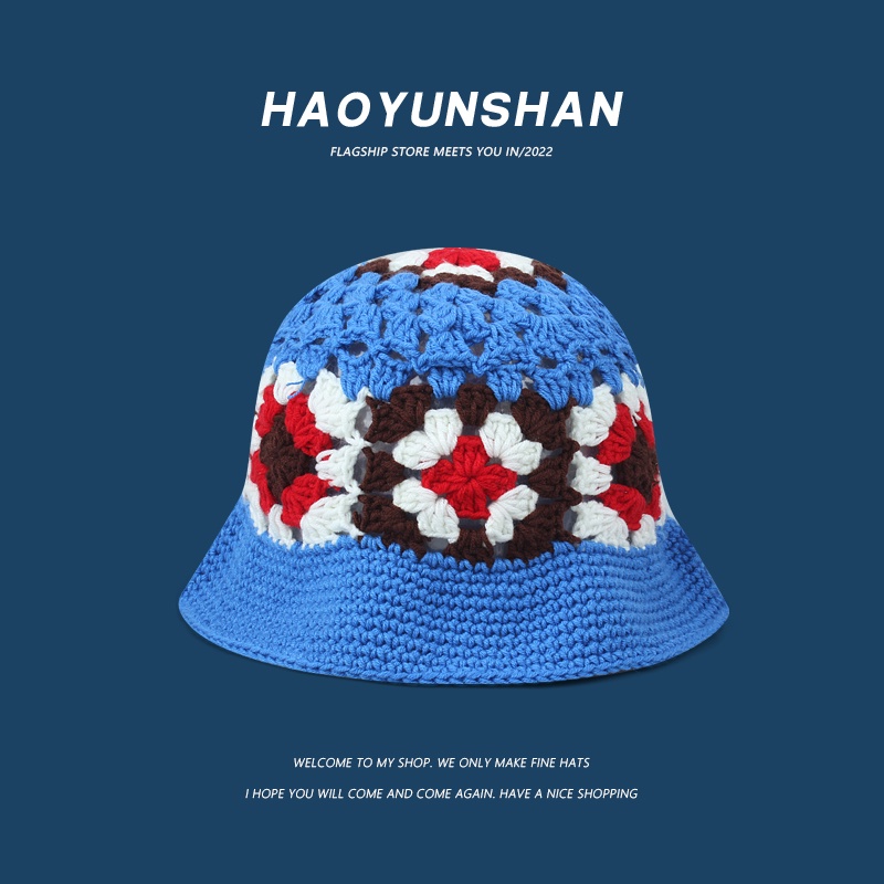 Mũ Bucket Đan Len Thủ Công Thoáng Khí Màu Sắc Tương Phản Phong Cách Nhật Bản Cho Nữ