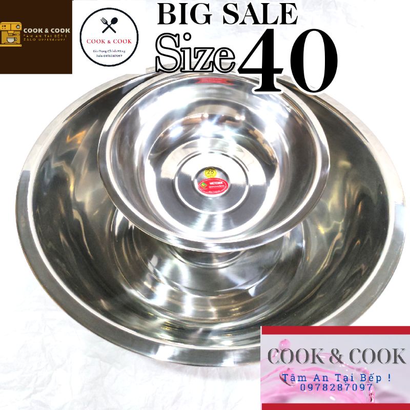 Thau inox 304 Vietcook ft Cook size 40 cm, chậu inox đa năng rửa mặt, làm bánh, trộn thực phẩm, spa...cao cấp inox 304