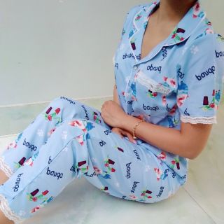 Bộ pijama tay ngắn quần dài lụa mềm mịn phối ren