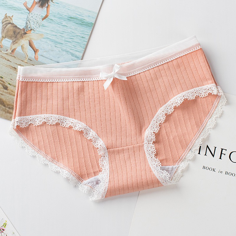 [Set 5 quần] quần lót nữ cotton gân tre co dãn phối viền ren đính nơ hiện đại GT10-5