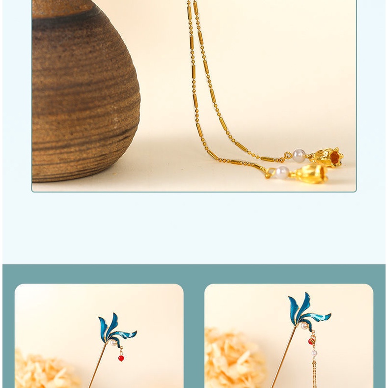 Trâm Cài Tóc Dáng Dài Hình Lá Phối Tua Rua Phong Cách Hán Phục Cổ Điển