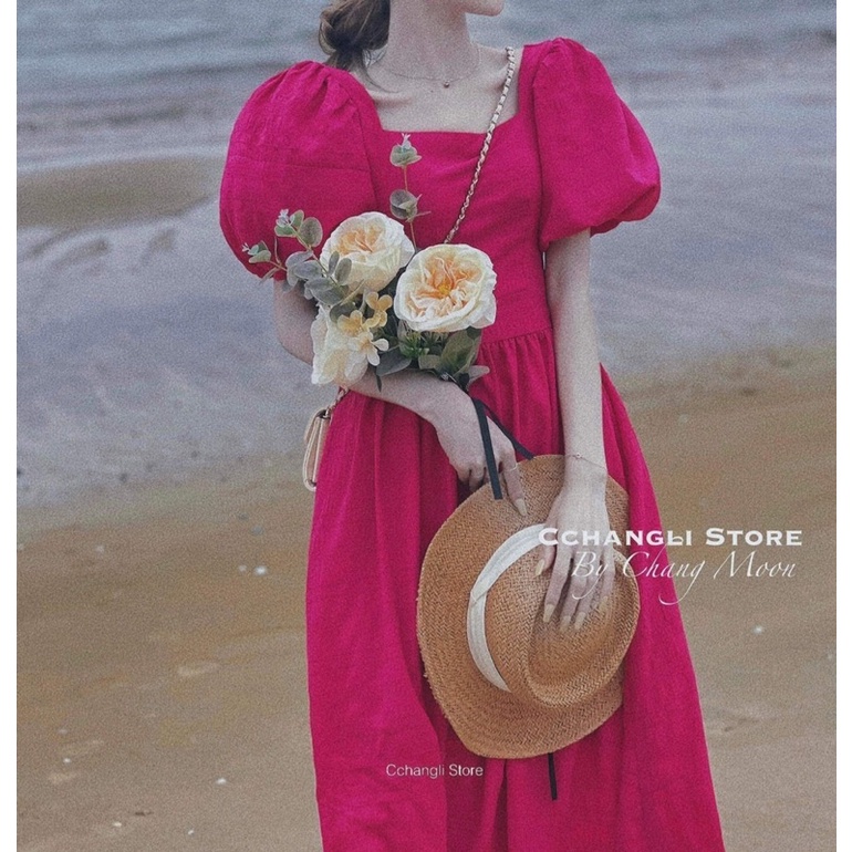 Váy đũi tay bồng cổ vuông nhiều màu