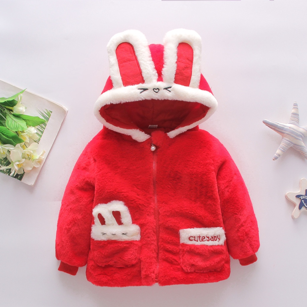 Áo sweater cotton màu trơn có mũ trùm đầu họa tiết thỏ hoạt hình dễ thương mẫu cho bé gái 1-4 tuổi