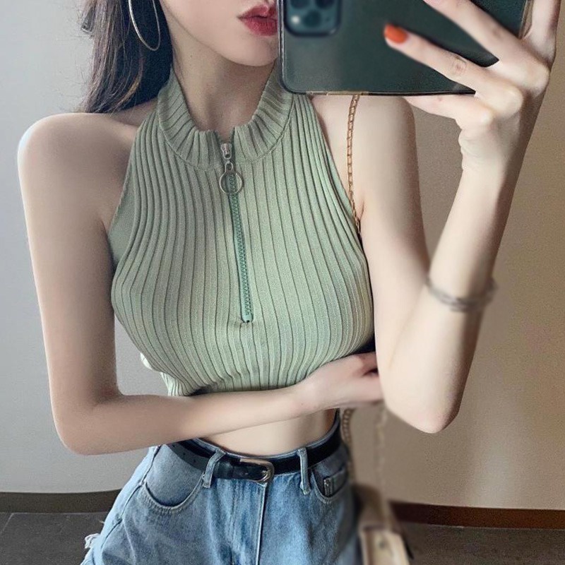 Áo Croptop Hai Dây Dệt Kim Màu Trơn Siêu Nhẹ Phối Khóa Kéo Phong Cách Hàn Quốc Thời Trang Cho Nữ