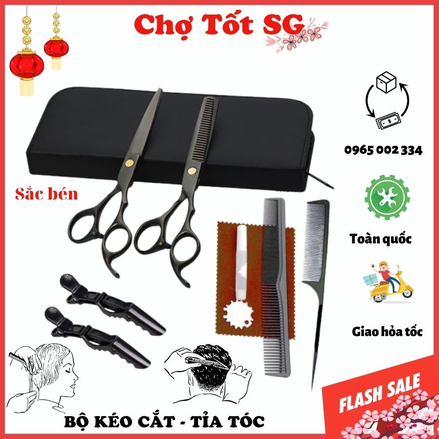 Bộ kéo cắt tỉa tóc sơn đen, Kéo cắt và kéo tỉa tóc cao cấp, chuyên nghiệp, TẶNG kèm phụ kiện chuyên dụng