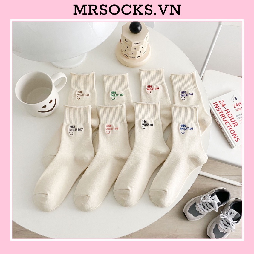Tất vớ cổ cao nam nữ SMILEY thêu thời trang hàn quốc đẹp giá rẻ cotton kháng khuẩn MRSOCKS VC124