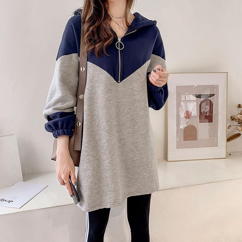 Thời trang mặc cho bà bầu 2021 váy áo len dài tay có mũ trùm đầu dài trung