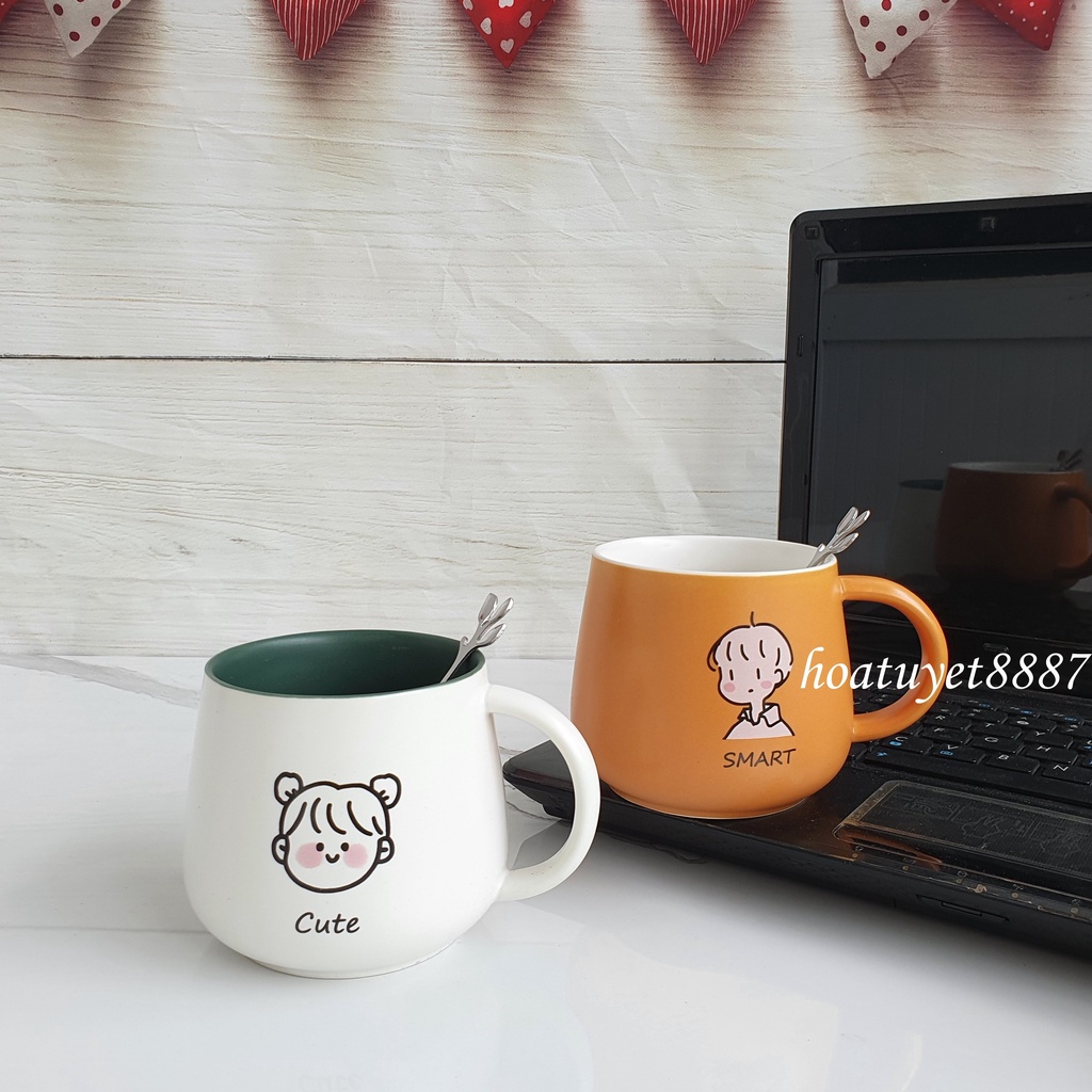 Ly Cốc sứ đôi hoạt hình dễ thương tặng kèm thìa