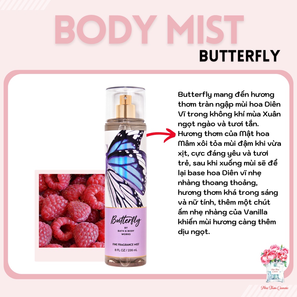 Xịt Thơm Toàn Thân Bath & Body Works Butterfly Hương Hoa Diên Vĩ Ngọt Ngào Nữ Tính Cấp Ẩm Cho Da 236ml