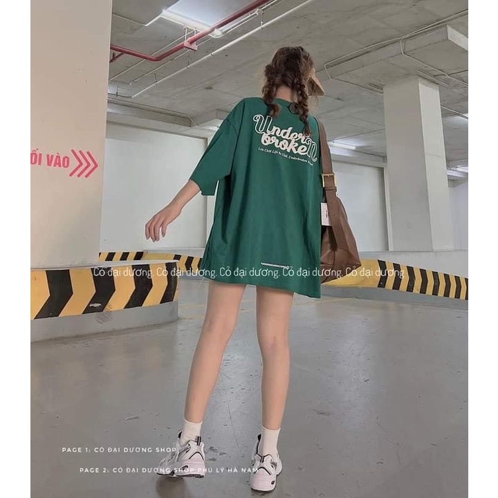 Áo Phông Xanh Lá Tay Lỡ Unisex Dáng Rộng Nam Nữ In Chữ Đơn Gian