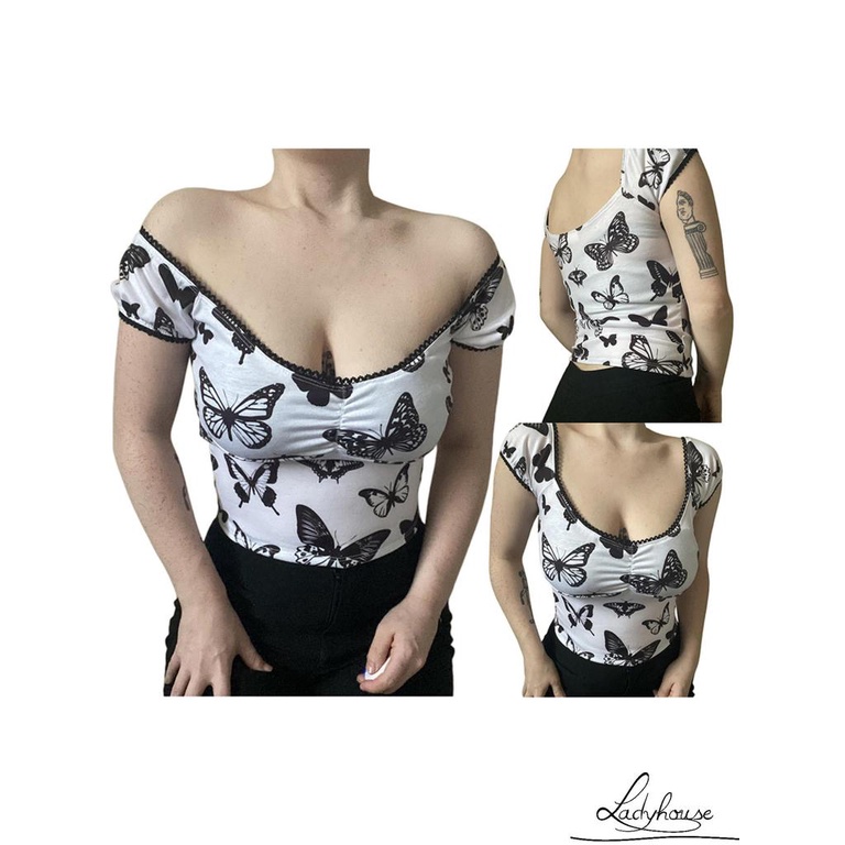 Ld-áo Thun Ôm Dáng Ngắn Tay In Hình Bướm Màu Trắng Cho Nữ Size S/ M/ L