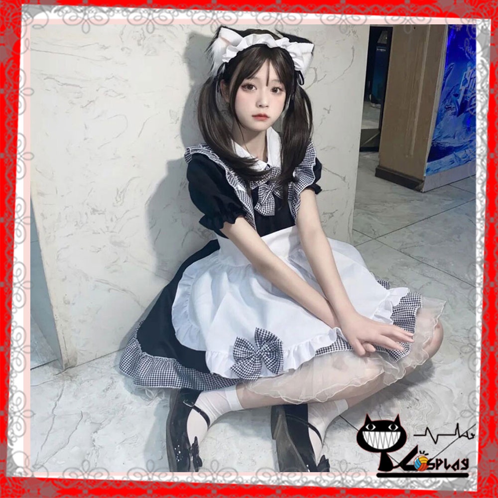 [Sẵn] Maid cosplay - Đầm hóa trang hầu gái họa tiết phối kẻ caro người giúp việc dễ thương [Miu Cosplay]