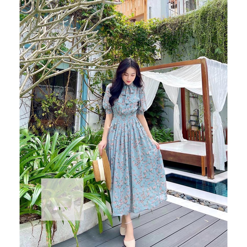 Váy hoa cổ nơ xếp li