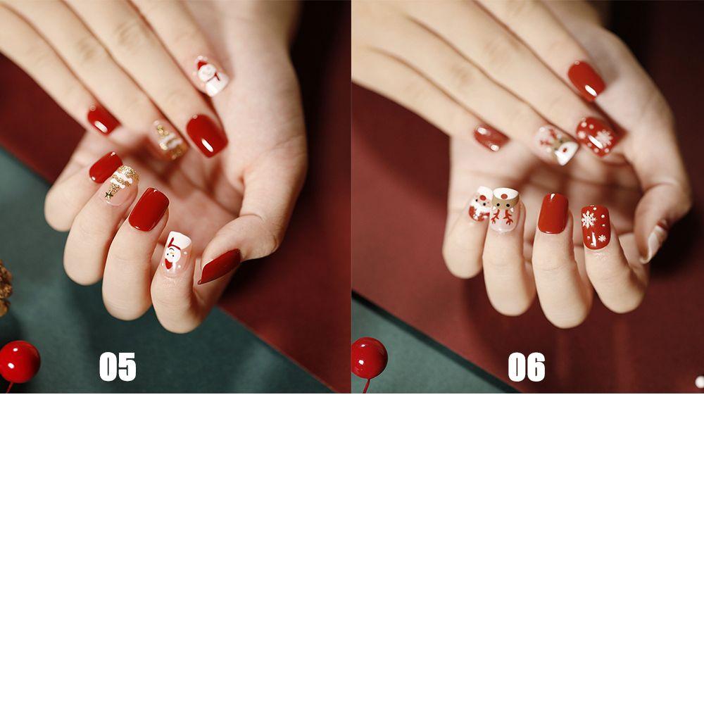Hộp 24 Móng Tay Giả Ngắn Che Phủ Toàn Diện Đầu Vuông Phong Cách Giáng Sinh