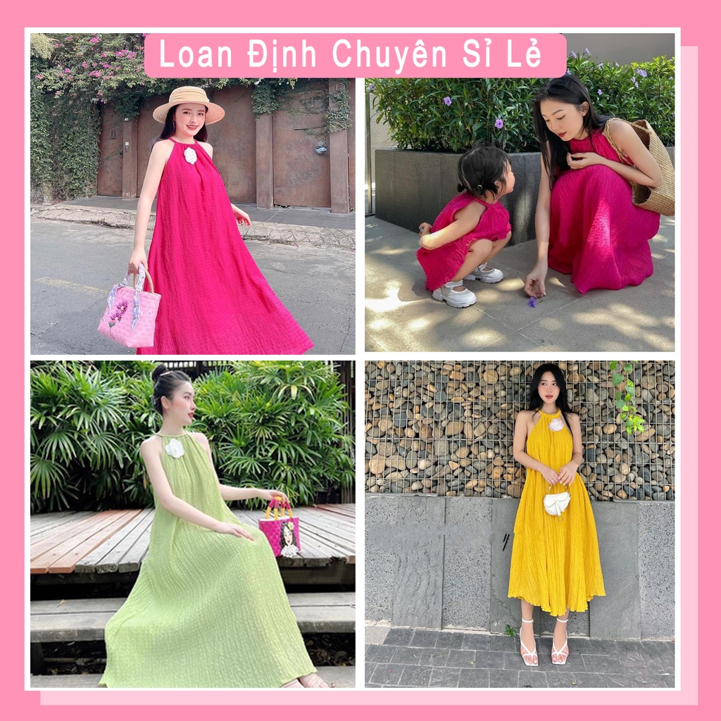 Đầm maxi cổ yếm đính hoa sang chảnh 2 lớp đầm suông thụng nữ HN854