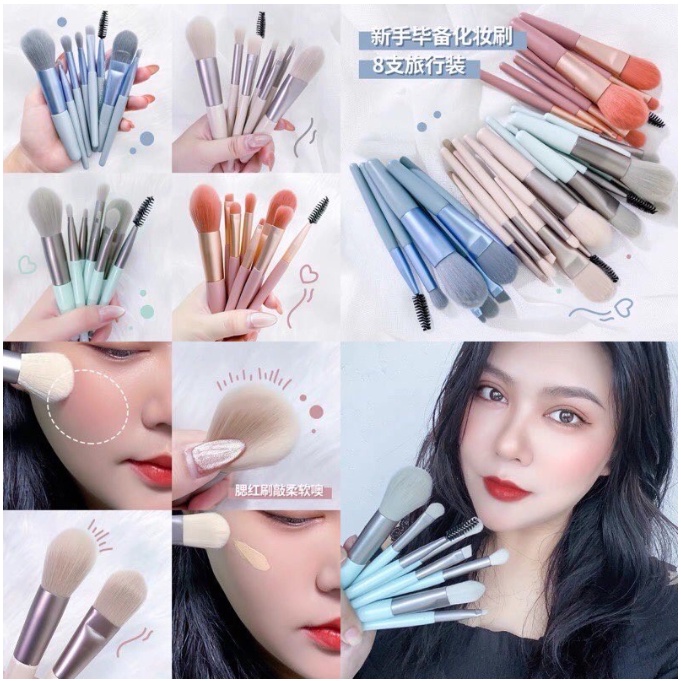 Cọ trang điểm make up cá nhân 8 món đầu lông mềm mại màu Pastel kèm túi Zip 🍀Clovershop68🍀