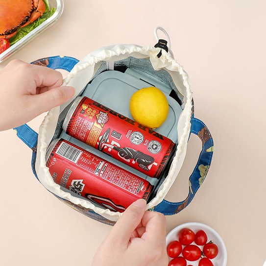 Túi đựng hộp cơm lót nhôm GẤU COOKIE đóng mở bằng dây rút, túi đựng thức ăn giữ nhiệt size 19x12,5x20cm