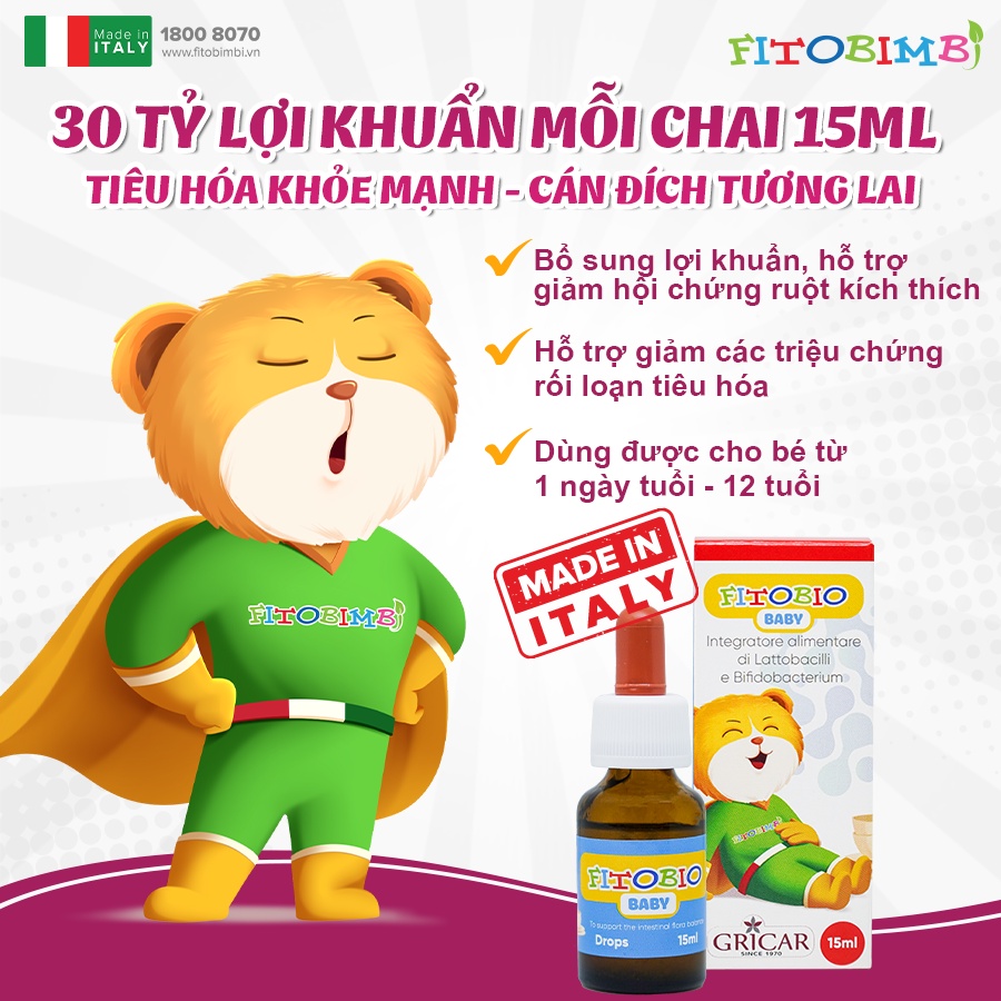 Fitobio Baby bổ sung lợi khuẩn, hỗ trợ sức khỏe hệ vi sinh đường ruột, giảm các triệu chứng rối loạn tiêu hóa