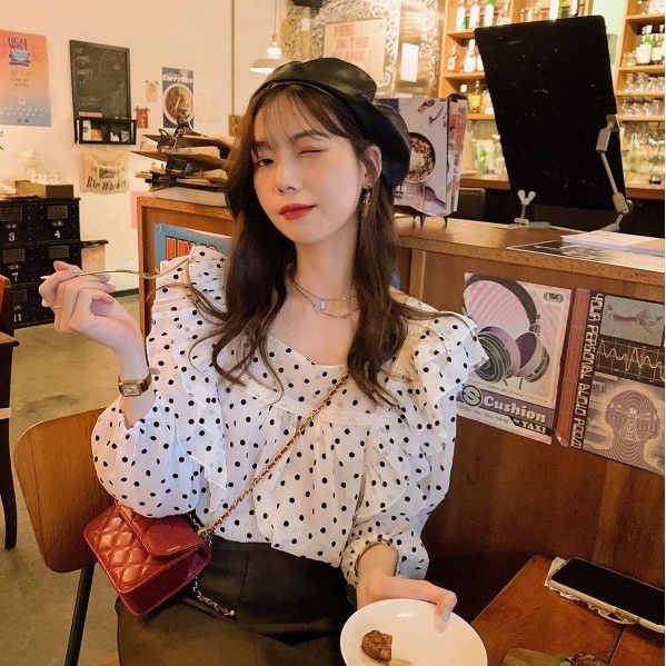 Áo kiểu SUXI tay dài họa tiết chấm bi thời trang phong cách Hàn Quốc cho nữ