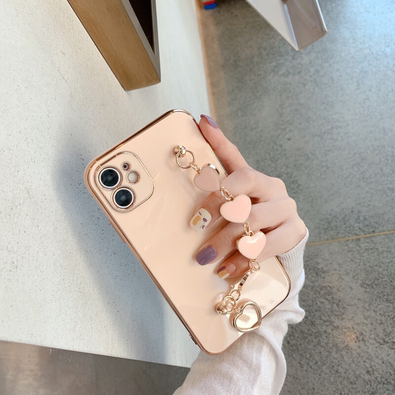 12 Case Luxury Gold Plated Electroplated Heart Bracelet Hand Strap Holder Cover iPhone 11 Pro Max XR X XS 7 8 Plus SE 2020