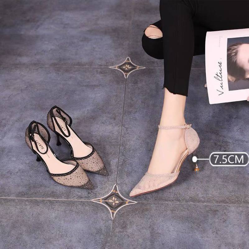 Giày Sandal Cao Gót Quai Lưới Đính Đá Lấp Lánh Thời Trang Xuân Hè Hàng Mới 2022