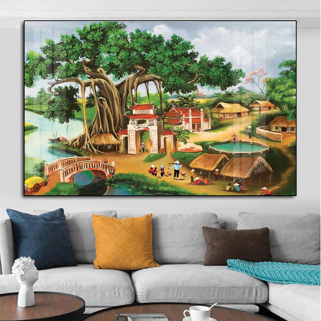 Tranh Treo Tường Đồng Quê Cây Đa Giếng Nước Sân Đình/ Tranh Treo Tường Phòng Khách Trang Trí Nhà Cửa/ Tranh Tráng Gương