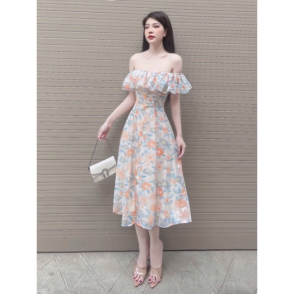 Váy Maxi Trễ Vai Nhún Eo Tôn Dáng