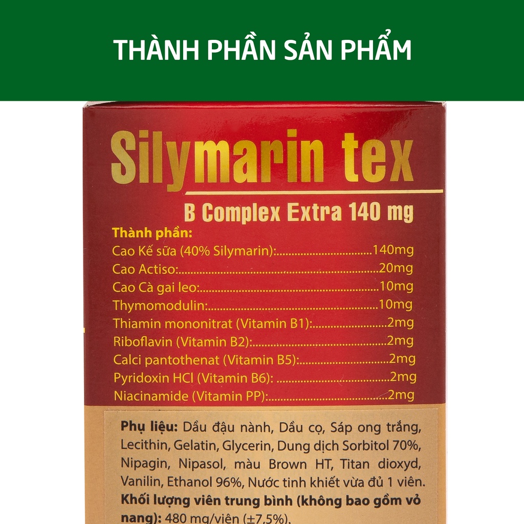 Viên uống bổ gan Silymarin Tex mát gan, giải độc gan - Hộp 100 viên [Silymarin Tex Đỏ]