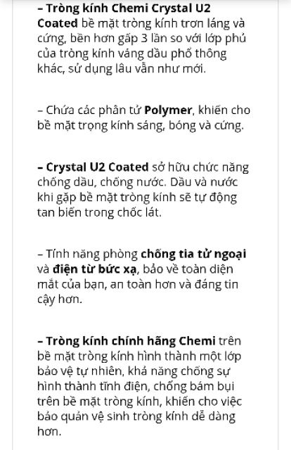 Tròng kính CHEMI Crystal U2 Coated chiết xuất 1.60