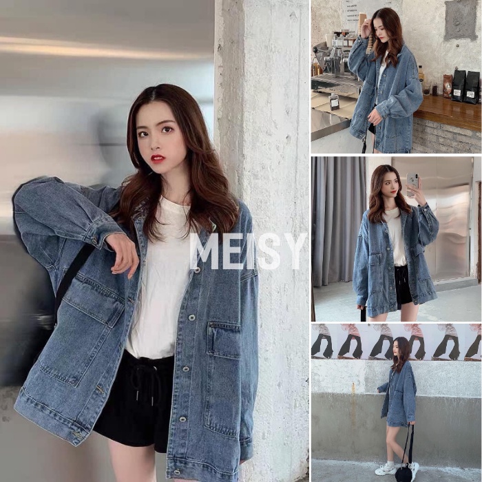 Áo khoác jean nữ form rộng dày dặn kiểu dáng UNISEX màu xanh nhạt Meisy