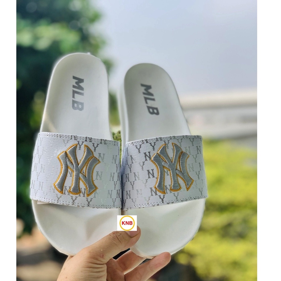 Dép 𝐌𝐋𝐁 UNISEX mẫu dép thể thao ❤️ Freeship + Hộp ❤️ Dép NY bóng chày quai ngang nam nữ chữ thêu nỗi kèm mác trắng xám
