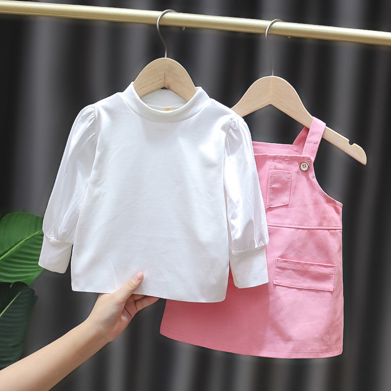 Bộ Áo Tay Phồng Màu Trơn + Chân Váy Yếm Cỡ Nhỏ / Trung Bình Dễ Thương Thời Trang Xuân Thu Cho Bé Gái