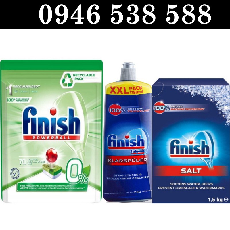 Combo Viên rửa bát Finish Hữu cơ 70 tabs + Muối Finish 1.5kg + Nước bóng finish 1150ml Finish.edu.vn