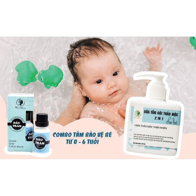 Bộ Tắm Gội Giữ Ấm Cho Bé WonMom (1 Chai Dầu Tràm và 1 Chai Sữa Tắm Thảo Mộc)