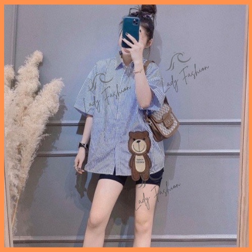 Áo Sơ Mi Nữ Ngắn Tay Kẻ Sọc Thêu Hình Gấu Dễ Thương Form Oversize Dáng Rộng Lady