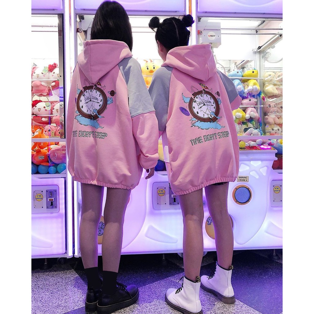 ÁO HOODIE NỮ RỘNG - ÁO NỈ PHỐI MŨ XANH CAM HỒNG HOT HIT