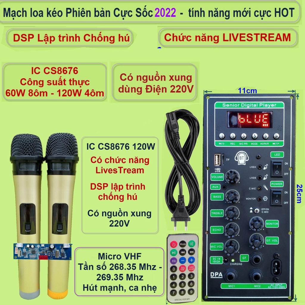 Mạch loa kéo 3 tấc đơn 3 đường tiếng LIVESTREAM DSP chống hú IC CS8676 120W nguồn xung 220V  và micro đôi