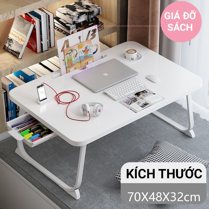 Bàn Học Gấp Gọn Có Ngăn Kéo, Mặt Gỗ Kèm Khe Cắm Điện Thoại, Máy Tính Bảng, Giá Để Sách, Bàn Gấp Đa Năng KT Lớn