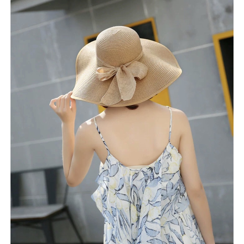 Mũ cói đi biển nữ vành rộng chống nắng, nón cói nơ xinh thời trang Hàn Quốc rẻ đẹp_MC16