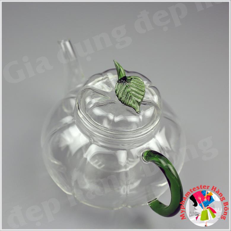 (HÀNG ĐẸP) ấm lọc trà thuỷ tinh quả bí xanh 750ml